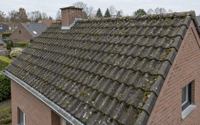 Betonnen pannendak voor ontmossen en coating, met mos, algen en korstmos