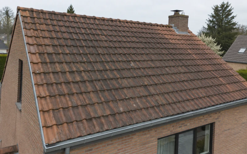 Terracottadak voor reiniging, met donkere aanslag en vervuiling